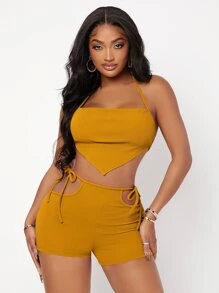 SHEIN SXY Bandana Hem Tie Backless Halter Top & Cut Out Shorts - Mustard Yellow - View 1