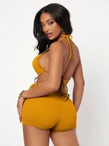 SHEIN SXY Bandana Hem Tie Backless Halter Top & Cut Out Shorts - Mustard Yellow - View 2