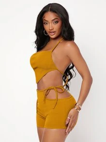 SHEIN SXY Bandana Hem Tie Backless Halter Top & Cut Out Shorts - Mustard Yellow - View 4