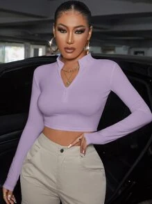 SHEIN SXY 小高領半拉鏈短款T恤 - 紫色 - 查看 3