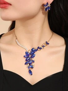 Pendientes de botón con diseño de diamante de imitación con collar - azul real - Ver 1