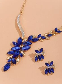 Pendientes de botón con diseño de diamante de imitación con collar - azul real - Ver 2