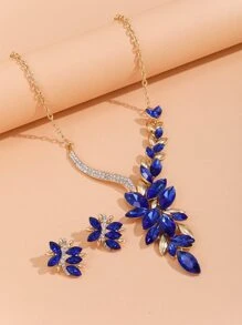 Pendientes de botón con diseño de diamante de imitación con collar - azul real - Ver 4