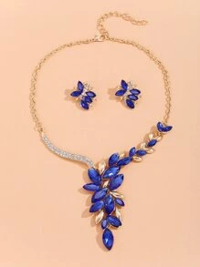 Pendientes de botón con diseño de diamante de imitación con collar - azul real - Ver 5