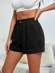 Muchica Quần đùi nữ Nút Túi Dây kéo màu trơn Giải trí - màu đen - Xem 5