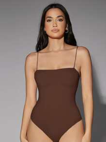 SHEIN BAE Solid Backless Cami Bodysuit - Chocolate Brown - View 1
