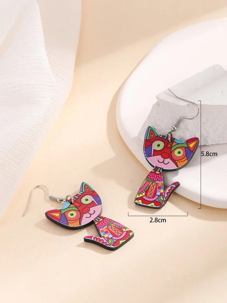 Cartoon Cat Drop Earrings - Multicolor - View 3