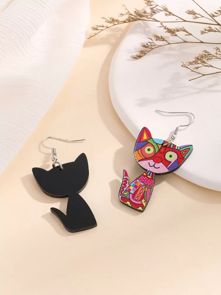 Cartoon Cat Drop Earrings - Multicolor - View 4
