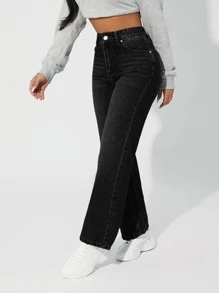 SHEIN PETITE 高腰直筒牛仔褲 - 黑色 - 查看 4