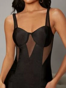 透視網紗拼接緊身超短洋裝 - 黑色 - 查看 4