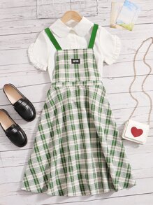 SHEIN 女孩荷葉袖上衣和格子呢圖案補丁細節背帶裙 - 彩色 - 查看 1