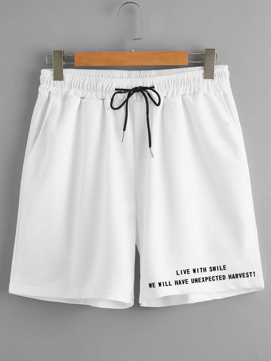 Manfinity Hypemode Shorts Para Hombre Con Eslogan Impreso De Ajuste Holgado Y Cintura Con Cordón - Blanco - Ver 1