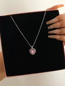 Rhinestone Heart Charm Necklace - Silver - View 1