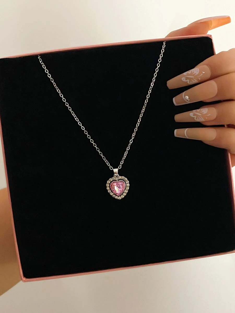 Rhinestone Heart Charm Necklace - Silver - View 1