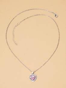 Rhinestone Heart Charm Necklace - Silver - View 2