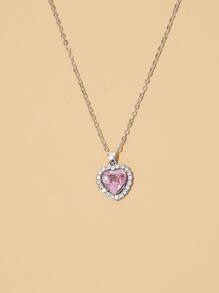Rhinestone Heart Charm Necklace - Silver - View 4
