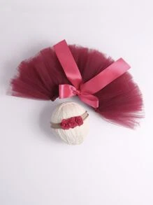 女嬰前蝴蝶結蓬蓬短裙帶髮箍 - 酒紅色 - 查看 3