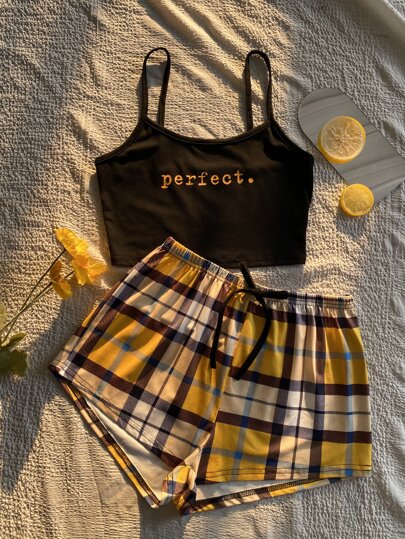 Letter & Plaid Print Tie Front PJ Set / Pajama Set