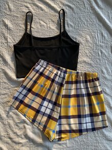 SHEIN Letter & Plaid Print Tie Front PJ Set / Pajama Set - Multicolor - View 2