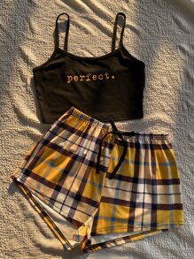 SHEIN Letter & Plaid Print Tie Front PJ Set / Pajama Set - Multicolor - View 3