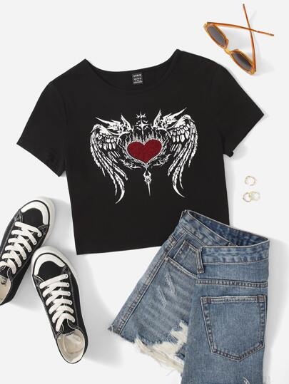 Heart and Wing Print Rhinestone Detail Crop Tee