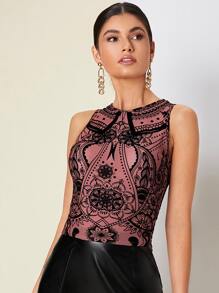 SHEIN Privé 印花圓領半透明網紗背心上衣 - 彩色 - 查看 1