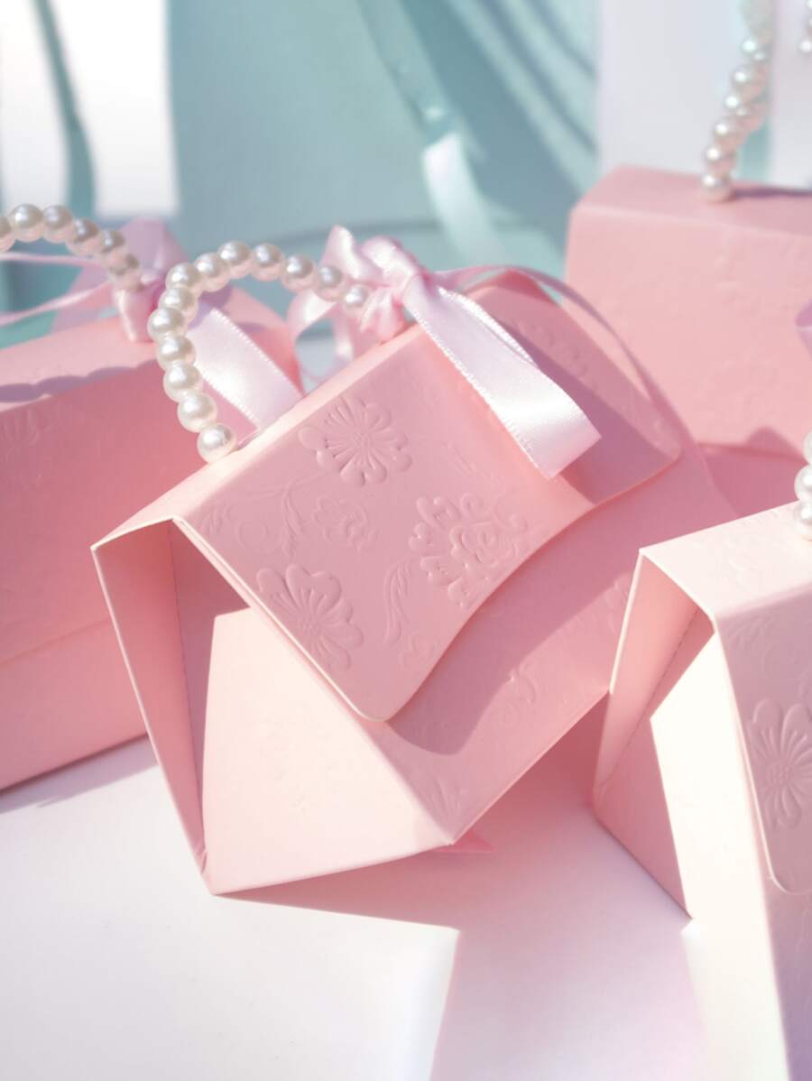 Hộp quà giấy trang trí tay cầm ngọc trai giả 2 chiếc, hộp đóng gói quà màu hồng tinh tế cho quà tặng ngày lễ tình nhân cưới - Hồng - Xem 1