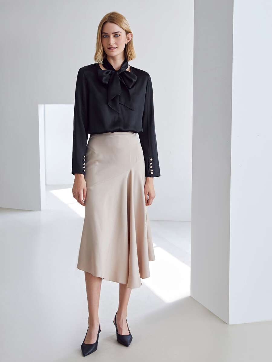 MOTF PREMIUM 100% SILK TIE NECK TOP - Black - View 1