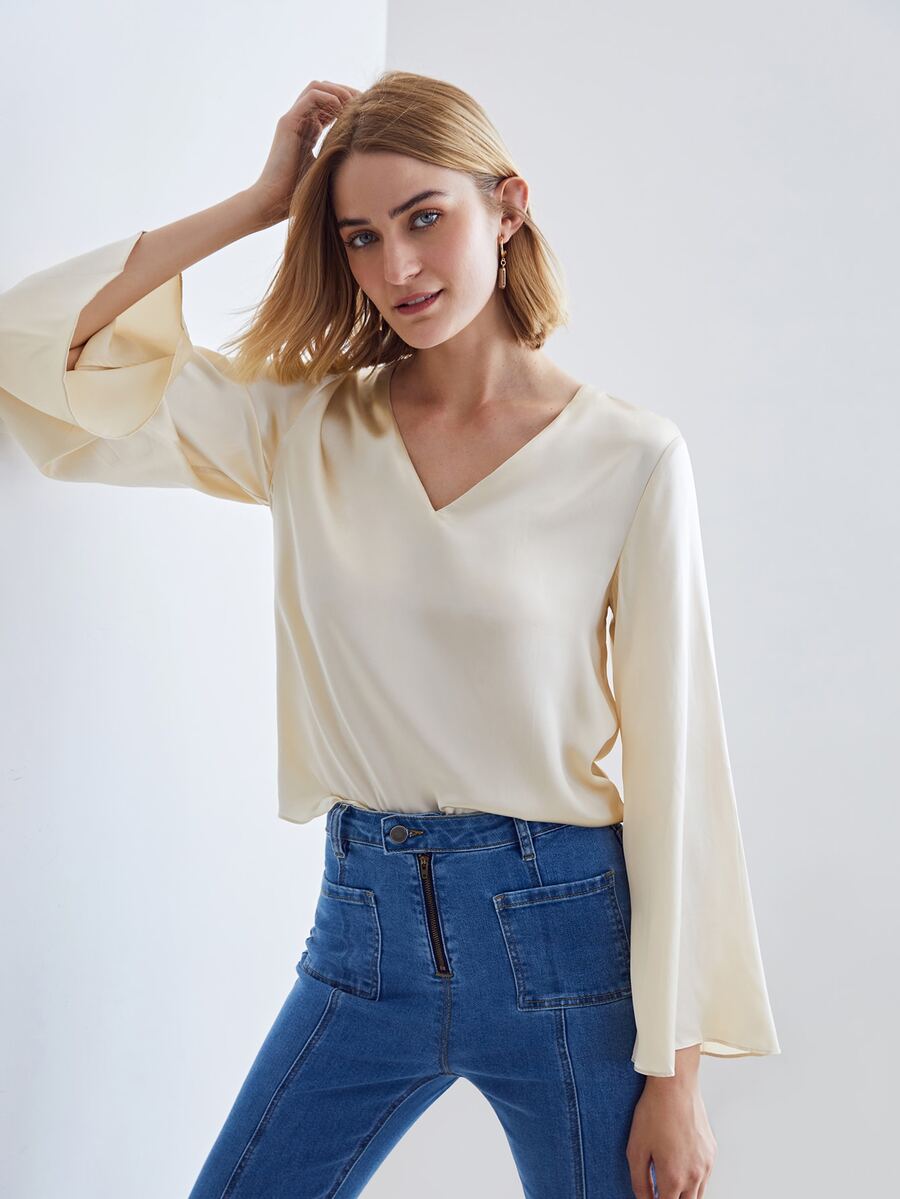 MOTF PREMIUM 100% SILK BELL SLEEVE TOP - Apricot - View 1