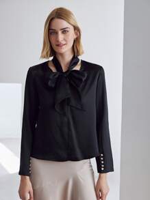 MOTF PREMIUM 100% SILK TIE NECK TOP - Black - View 3