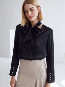 MOTF PREMIUM 100% SILK TIE NECK TOP - Black - View 5