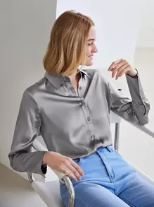 MOTF PREMIUM 100% SILK STRAIGHT FIT SHIRT - Grey - View 1