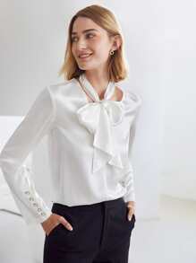 MOTF PREMIUM 100% SILK TIE NECK TOP - White - View 1