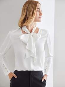 MOTF PREMIUM 100% SILK TIE NECK TOP - White - View 4