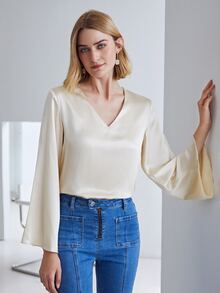 MOTF PREMIUM 100% SILK BELL SLEEVE TOP - Apricot - View 10