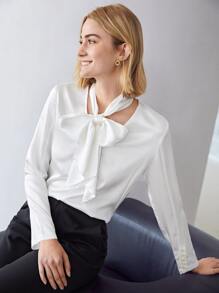 MOTF PREMIUM 100% SILK TIE NECK TOP - White - View 5