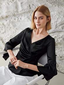 MOTF PREMIUM 100% SILK BELL SLEEVE BLOUSE - Black - View 7