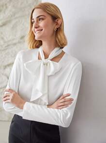 MOTF PREMIUM 100% SILK TIE NECK TOP - White - View 10