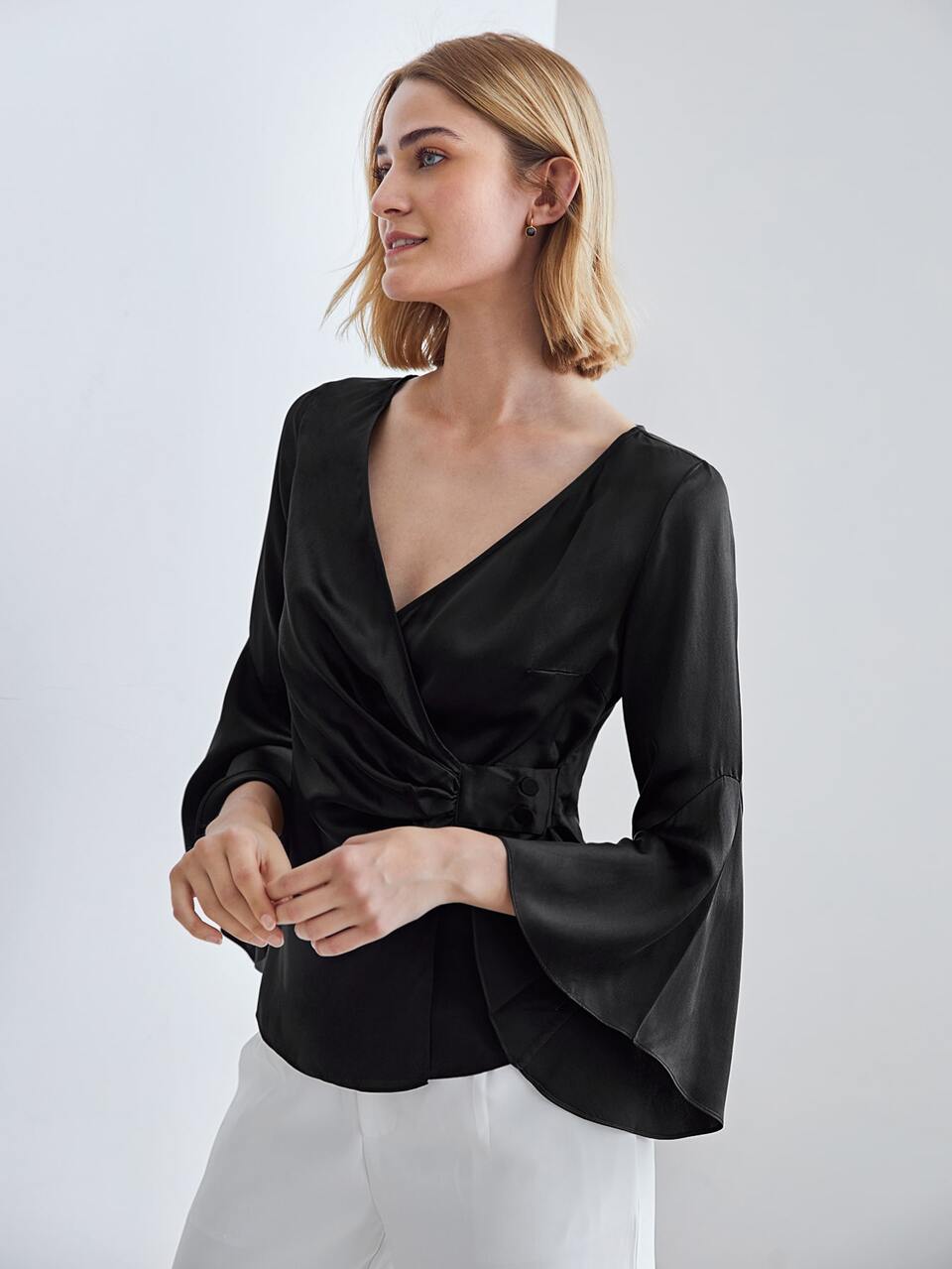 100% SILK BELL SLEEVE BLOUSE
