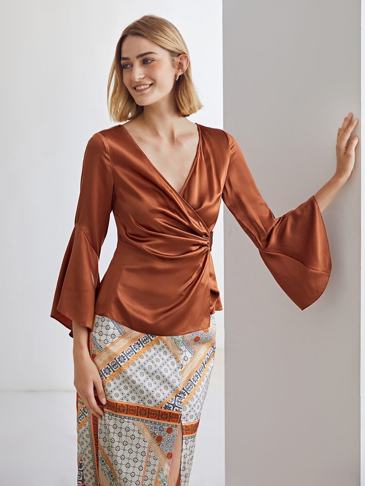 MOTF PREMIUM 100% SILK BELL SLEEVE BLOUSE - Burnt Orange - View 11