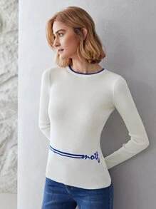 MOTF PREMIUM 羊毛混紡修身刺繡套頭毛衣 - 白色 - 查看 1