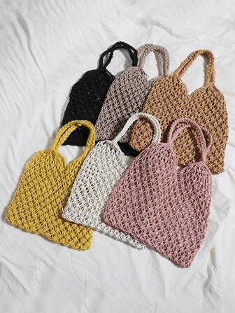 Yogodlns 輕便便攜帶大容量度假針織包草編包鏤空大容量購物袋女童女大學生秋冬暖冬度假度假郊遊沙灘秋冬必備