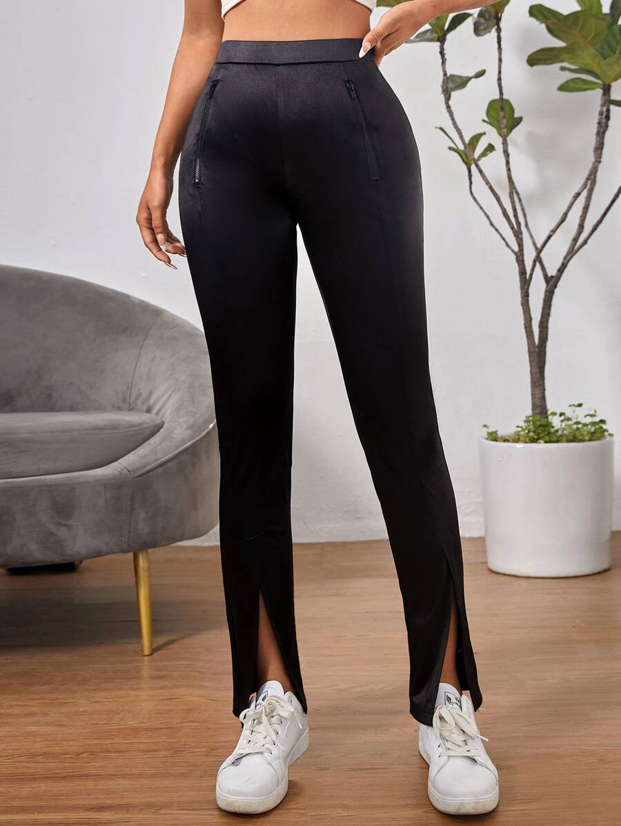 SHEIN PETITE Zipper Front Split Hem Skinny Trousers - Black - View 1