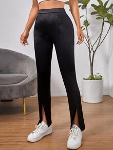 SHEIN PETITE Zipper Front Split Hem Skinny Trousers - Black - View 5