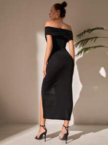 SHEIN Tall Vestido ajustado de hombros descubiertos fruncido bajo cruzado - Negro - Ver 2