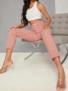 Paperbag High Waisted Cropped Skinny Jeans - Dusty Pink - View 3