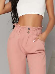 Paperbag High Waisted Cropped Skinny Jeans - Dusty Pink - View 4