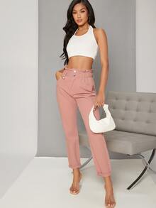 Paperbag High Waisted Cropped Skinny Jeans - Dusty Pink - View 5