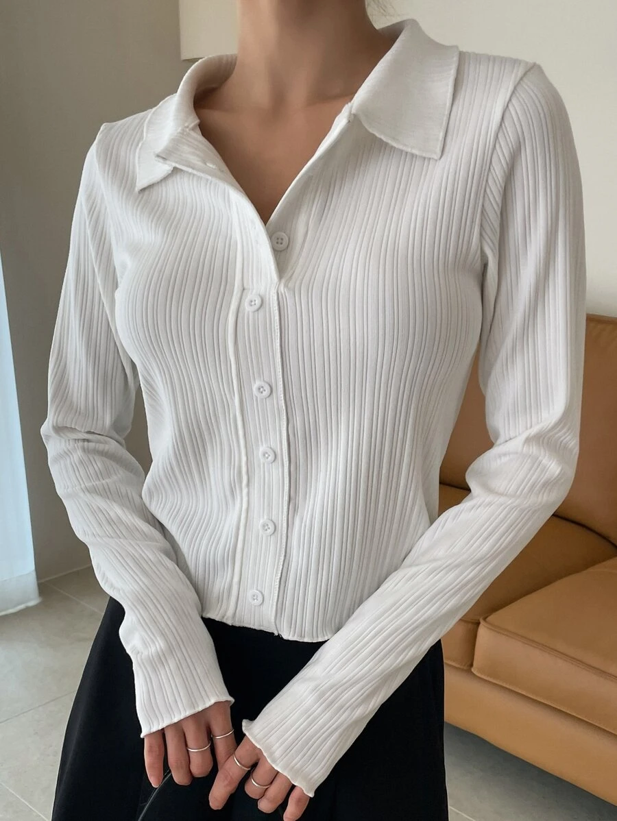 DAZY 半纽扣门襟罗纹针织 T 恤长袖女式上衣 - 白色 - 查看 1