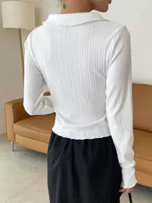 DAZY 半纽扣门襟罗纹针织 T 恤长袖女式上衣 - 白色 - 查看 2